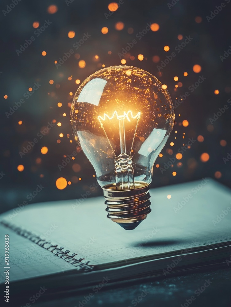 Aufkleber bright light bulb floating over notebook is representing new ideas