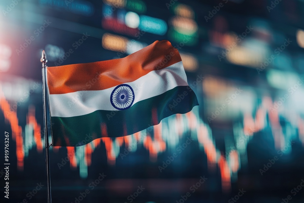 Poster indian flag waving with stock market data showing growth on big digital screen in the background