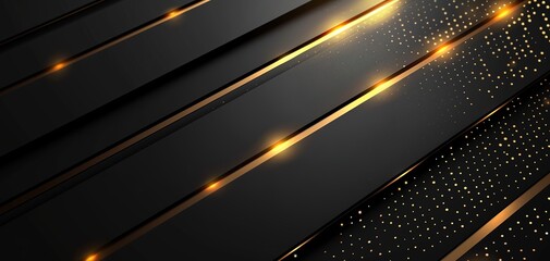 Abstract black and gold background with glowing lines and dots.