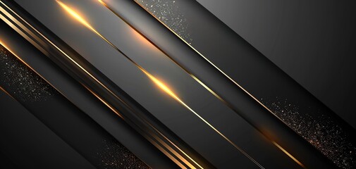Abstract black and gold background with glowing lines and glitter.
