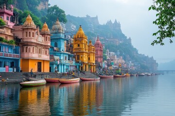 Colorful buildings lining the ganges river in varanasi, india with pilgrims praying on the ghats