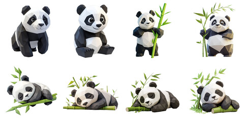 Obraz premium Panda polygon png set collection in 3d transparent no background in animal concept.