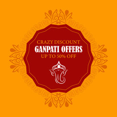 A vibrant orange background highlights the bold text CRAZY DISCOUNT GANPATI OFFERS UP TO 50% OFF  surrounded by an ornate decorative frame with a white silhouette of Lord Ganesha inside