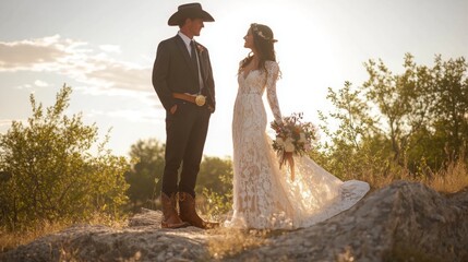 A bride in a lace gown and a groom in a cowboy hat stand together, exchanging smiles while holding a bouquet in a serene outdoor setting at golden hour.