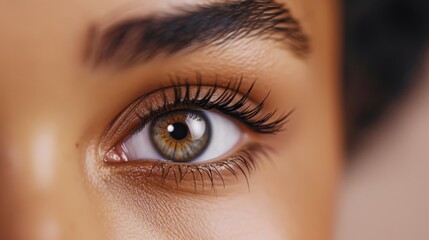 Obraz premium Female eye with long, defined eyelashes, showcasing detail and beauty, against a neutral background