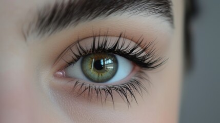 Obraz premium Female eye with long, defined eyelashes, showcasing detail and beauty, against a neutral background