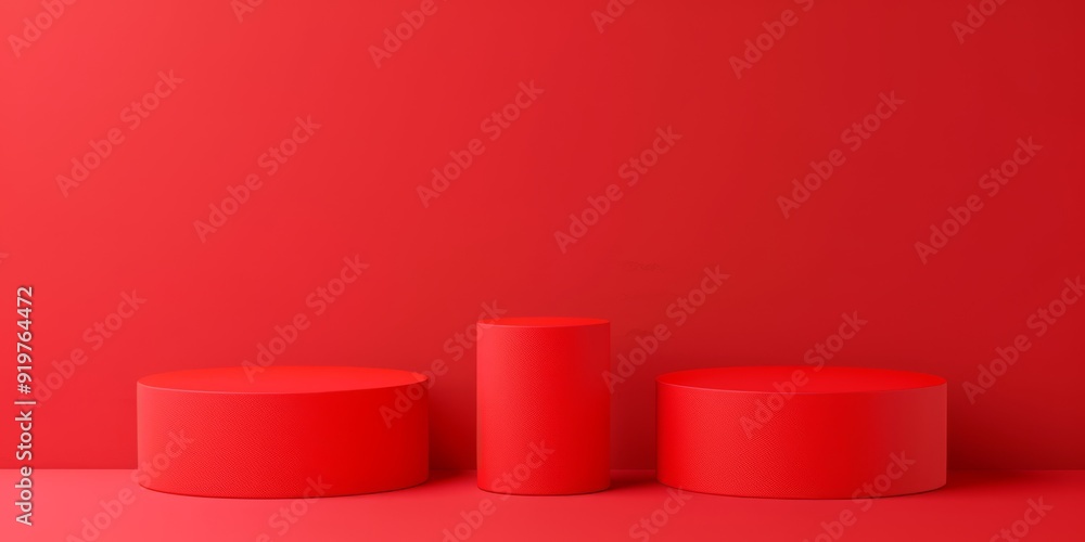 Poster three bold red cylindrical podiums are elegantly and thoughtfully arranged against a strikingly vibr