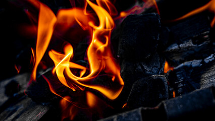 Dynamic Flames and Charcoal Glow A captivating depiction of heat and motion in nature