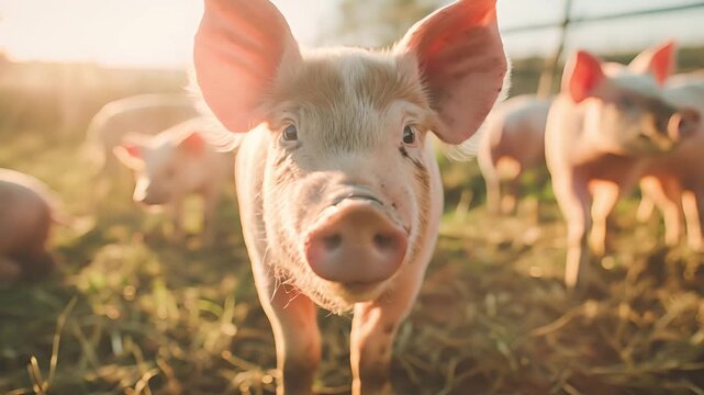 Small piglets waiting for food in the farm or pigs in the stable are eating and growing to send to the slaughterhouse into the pig industry	