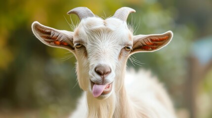 Fototapeta premium Playful goat sticking out its tongue, with a natural outdoor background