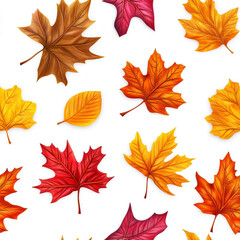 Obraz premium Seamless pattern colorful variety of fall autumn leaves with vein detail and texture isolated on white background wallpaper backdrop season nature environment change aging fall colors with no people.