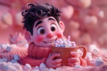 Fototapeta premium Cozy Heart-Shaped Mug With Hot Cocoa and Marshmallows in a Warm, Whimsical Setting