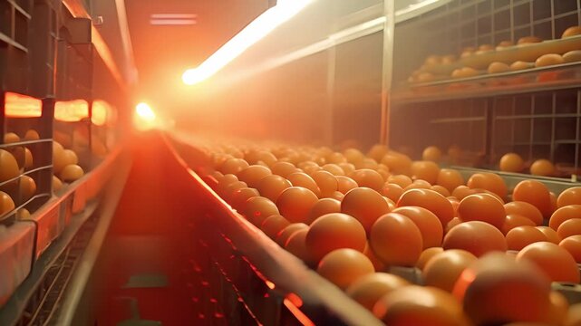 Egg factory plant agriculture poultry chicken farm, Conveyor in egg production plant, automatic machine	