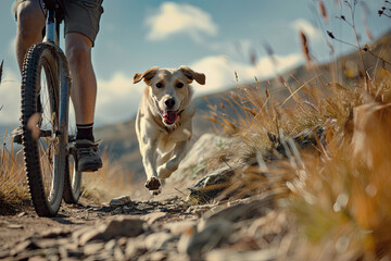Mountain biking adventure with dog on rocky trail