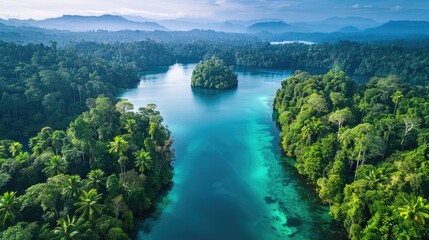 Obraz premium Aerial view of a lush tropical island with a crystal clear blue lagoon.