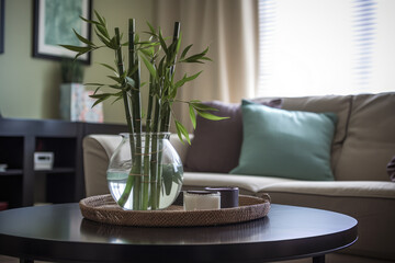 Fototapeta premium generated illustration of Vase with green bamboo stems on coffee table and armchair in room. Interior design