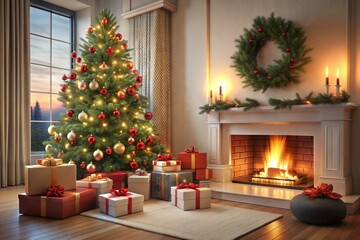 christmas tree in front of fireplace