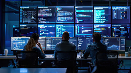 Team of programmers working together in a high-tech control room