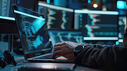 Coder typing on a laptop with multiple monitors displaying code in a dimly lit workspace