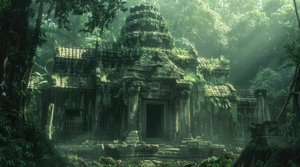 An ancient temple, overgrown with vines and moss, stands in a dense jungle, shrouded in mystery and time.