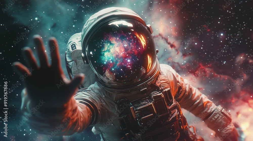 Aufkleber astronaut reaching out towards a colorful cosmic backdrop in deep space exploration