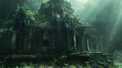 Obraz premium Ancient stone temple overgrown with lush vegetation in a dense jungle. Sunlight filters through the canopy, casting beams of light onto the ruins.