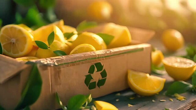 Fresh lemon with a green recycle symbol imprinted on box, representing eco-friendly and sustainable food choices in line with the zero waste	