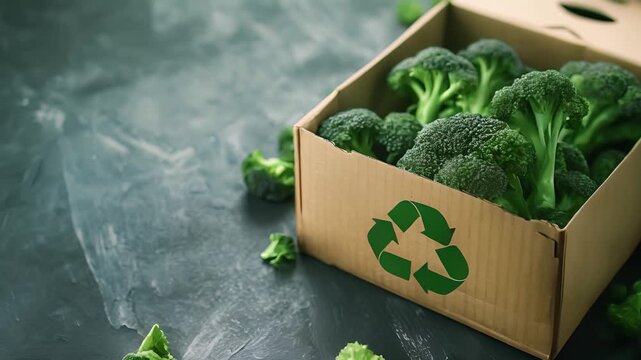 Fresh broccoli with a green recycle symbol imprinted on box, representing eco-friendly and sustainable food choices in line with the zero waste	