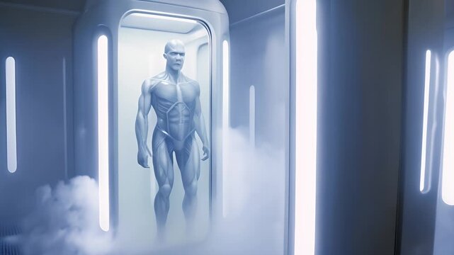 Human clone factory, Human in the capsules, capsule with human body inside illuminated with white light. Science fiction cryonics technology for humans. Cryo chamber. Cryopod with misted glass	
