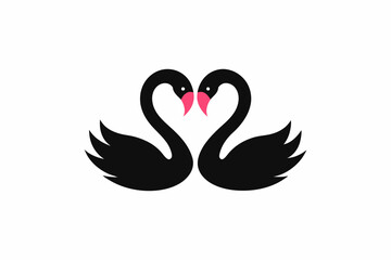 Vector design of two loving black swans on white background 
