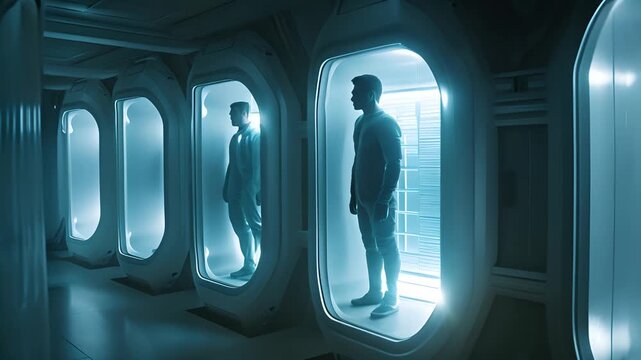 Human clone factory, Human in the capsules, capsule with human body inside illuminated with white light. Science fiction cryonics technology for humans. Cryo chamber. Cryopod with misted glass	