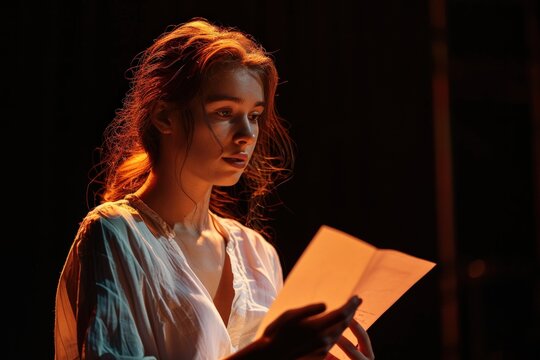 Actress on Stage: Young Beautiful Actress Reading Play Script in Theatre Performance