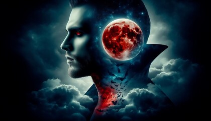 Naklejka premium Vampire with Red Moon and Clouds
