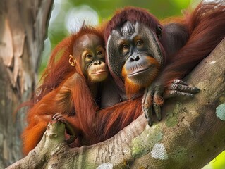 Naklejka premium Orangutan - Female Ape with Baby in Tree in Tropical Red Borneo