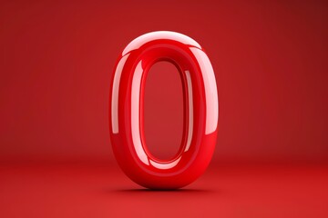 This striking 3D representation of the number zero features a glossy red finish against a smooth red background, perfect for design and typography projects needing a bold, eyecatching look