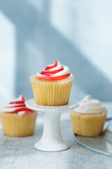 Tasty cupcakes with cream cheese frosting. Homemade muffins top view