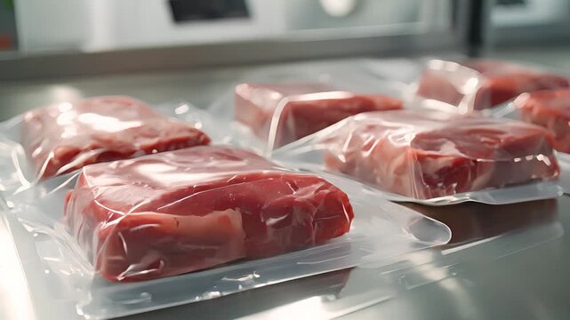 Lab grown meat samples, packaged and market-ready, created in modern laboratories	