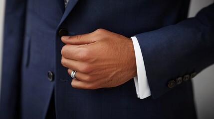 A groom adjusts his suit jacket, ensuring a polished look, while preparing for the wedding ceremony.
