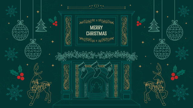 Arte, natal, banner, natalino, alce, cervo, meia de natal, lareira, enfeite, r&oacute;tulo, vetor, fim de ano, festas, &aacute;rvore de natal, ornamentos, rococ&oacute;, barroco, inverno, floco de neve, alegria, christmas