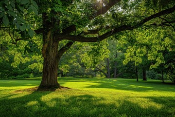Park Setting. Lush Green Landscape with Trees and Grass in Beautiful Garden