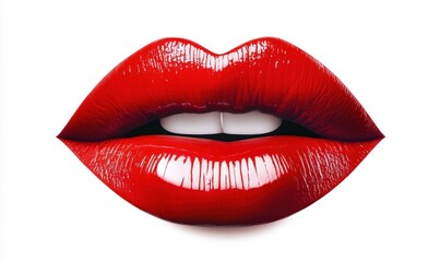 Obraz premium Red Lips with Glossy Lipstick Isolated on White Background