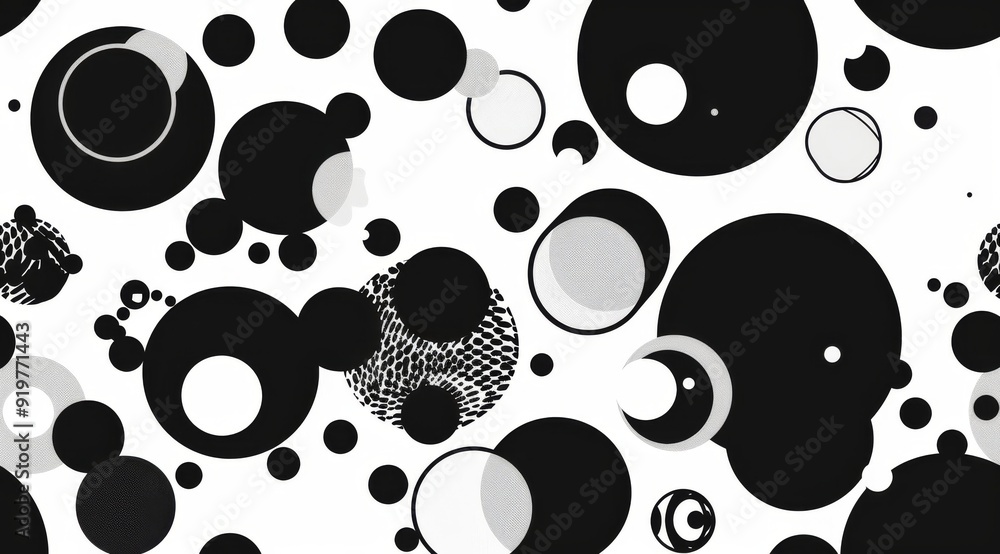Poster a striking and captivating abstract pattern that features various black and white circles, perfect f