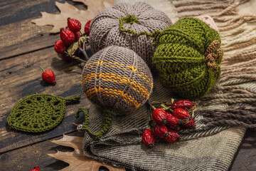 Autumn cozy mood composition. Crocheted pumpkins, handmade, fall hobby concept