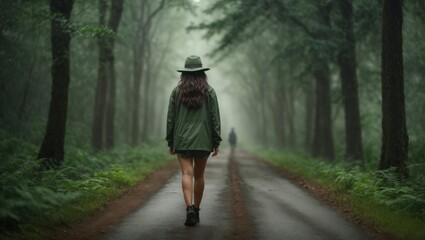 A woman walks in the forest, a gloomy forest path.