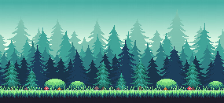 Pixel art forest background. Seamless game background with parallax. 7 layers
