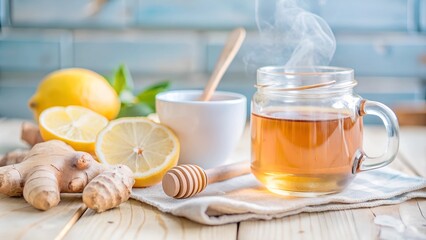 Fresh Ginger Lemon Tea with Honey on Light Wooden Table, Cozy and Healthy Hot Drink