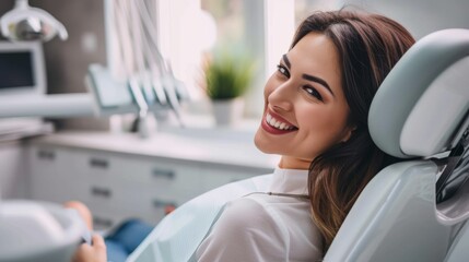 Clean dental office where a smiling woman is sitting in the dentist's chair