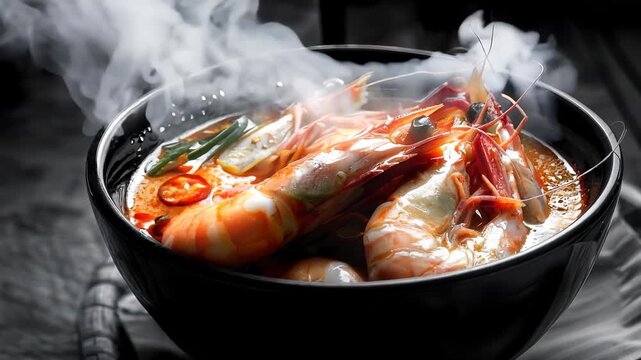 A delicious bowl of seafood soup with shrimp and other spices.