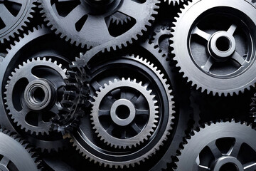 Close-up of crashed engine gear wheels in  industrial factory plant. View of engine gear wheels, close up. Industrialization and industry technology concept. Gen ai illustration. Copy ad text space