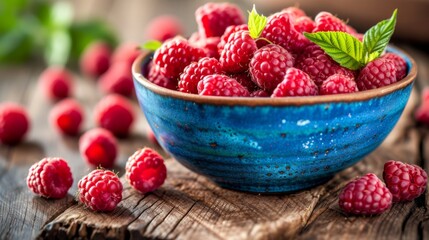 Bowl filled with fresh, juicy raspberries, placed on a rustic wooden table